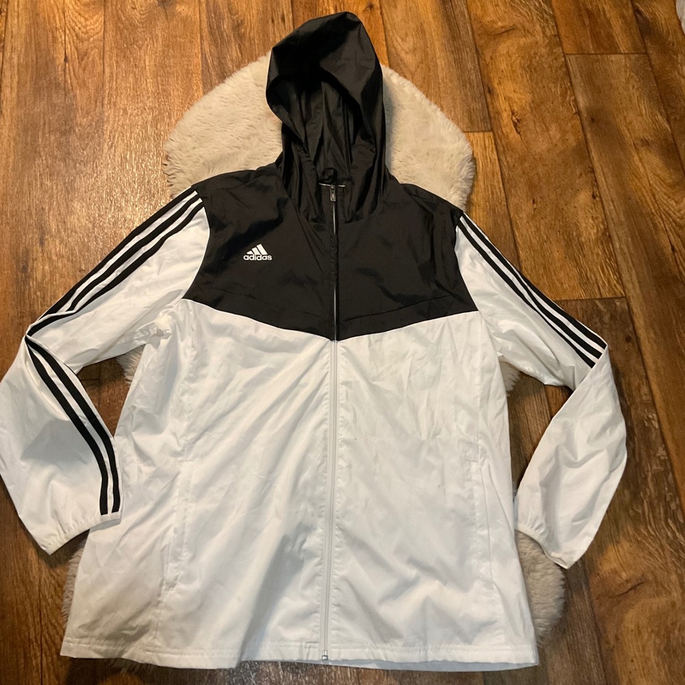 Adidas Jacket Size XL Lightweight Hooded‎ Womens Black White Full Zip Pockets